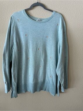 J. Jill Pale Blue Knit Crewneck Sweater with Embroidery polka dots size 3X